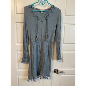 Davina Dress Long Sleeve Tassel Hem Size M Elastic Waist Crinkle Blue Gray